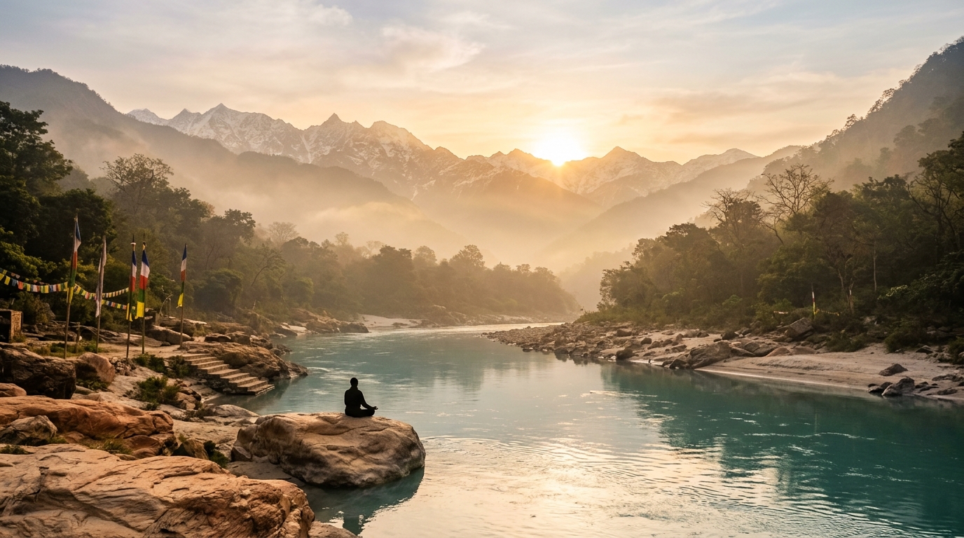 Sunrise over Ganges and Himalayas in Rishikesh with meditation silhouette