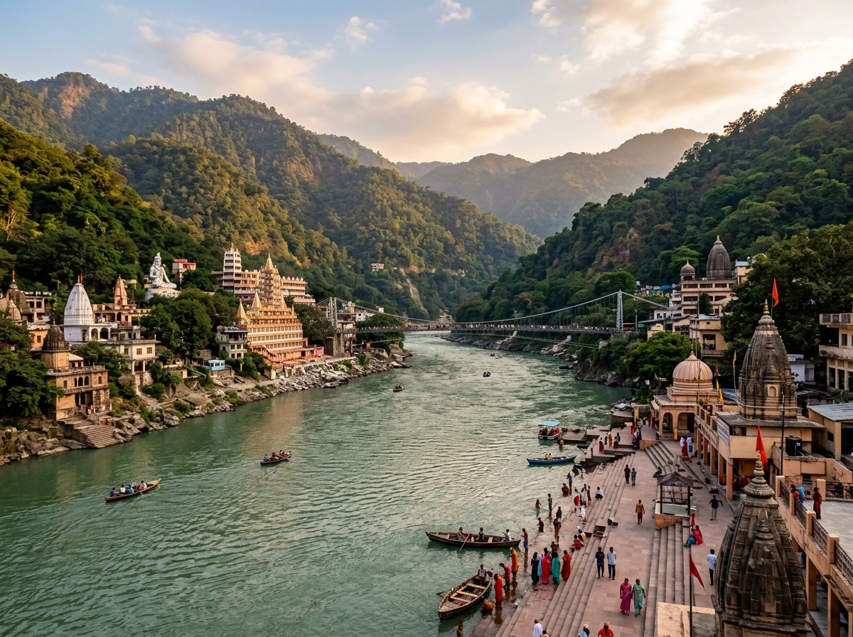 Panoramic view of Rishikesh with sacred Ganges river and ashrams
