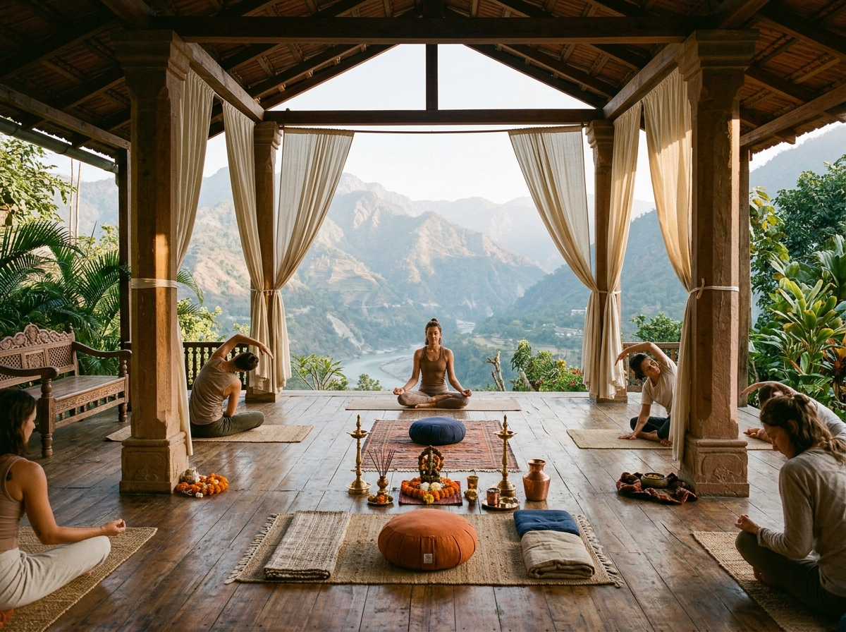 Traditional Yoga practice in open shala overlooking mountains